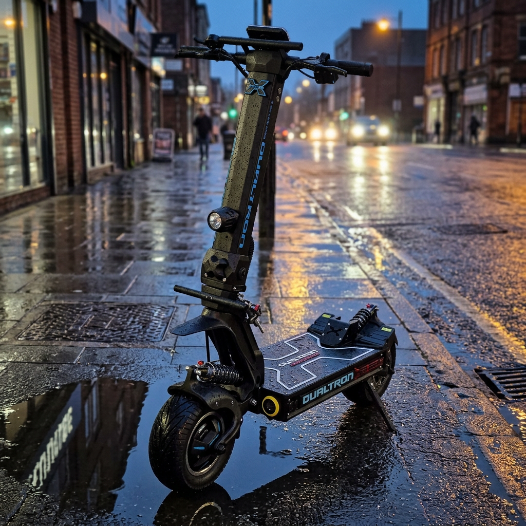 Kundenfoto: Scooter abends auf nasser Stadtstraße
