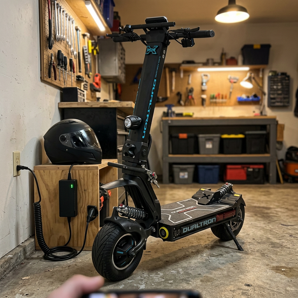 Kundenfoto: Scooter mit Ladegerät und Helm in der Garage